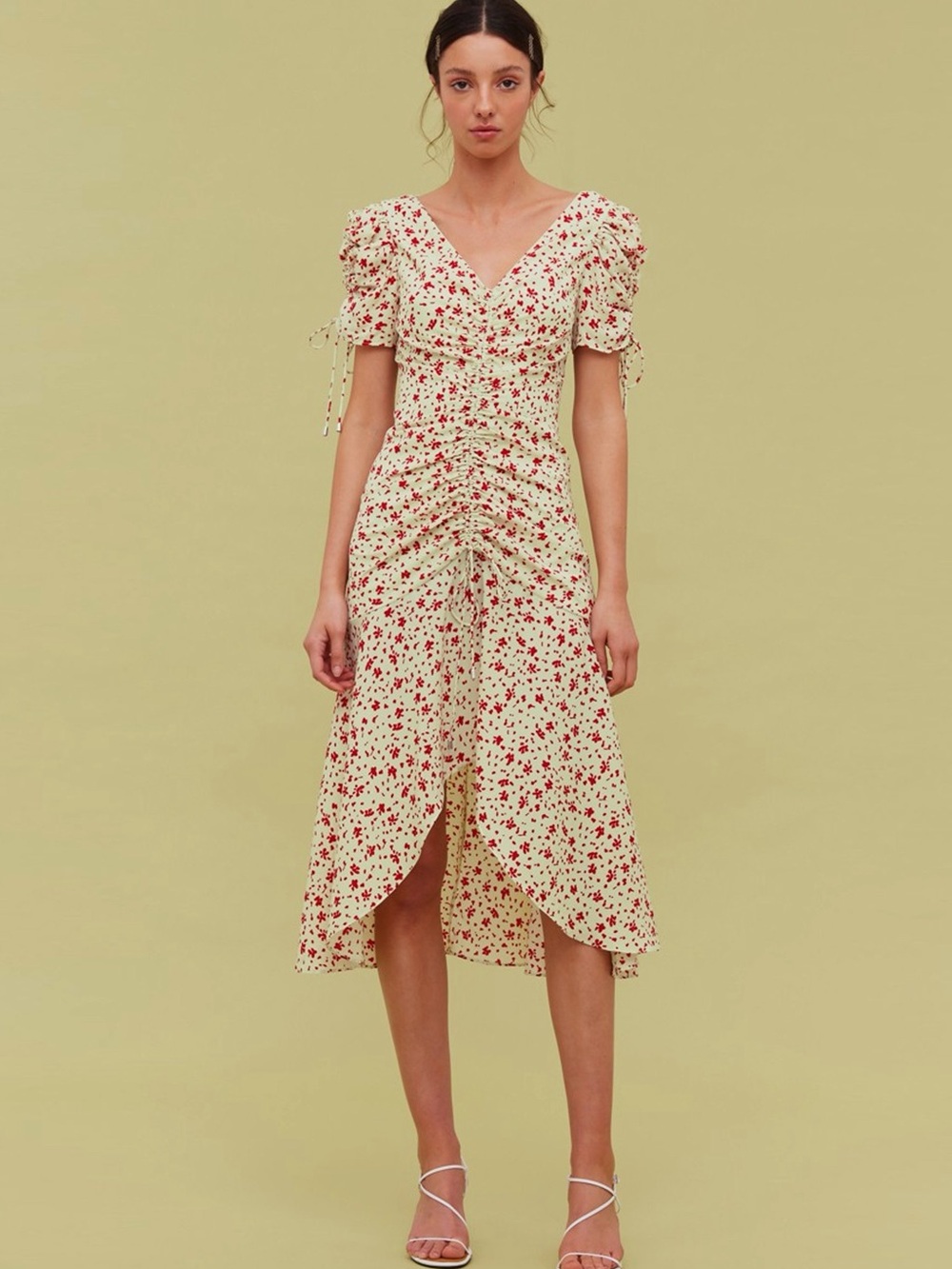 NWT C/MEO Collective Intersect Floral Ruched Puff Sleeve Midi Dress Citron XL
